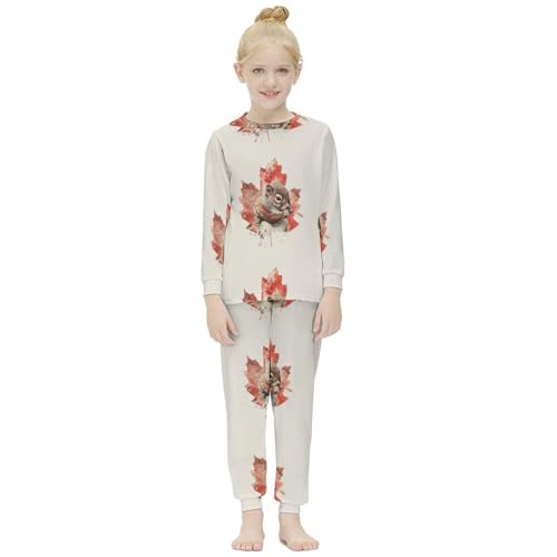 Canada Maple Leaf SquirrelGirls Pajamas, Long-sleeved Casual Pajamas And Home Clothes7-9Y（120cm）