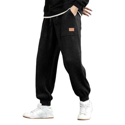 Hombre - Pantalones de invierno engrosados, pana de color sólido con bolsillos con cordones con etiqueta de cuero, Negro , L