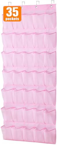 Image of MISSLO 35 Pockets Kids Shoe Organizer for Baby sturdy Oxford Toddler Shoe Rack for Closet Cute Over the Door Shoe Storage Hanging Pink Girl Room Decor