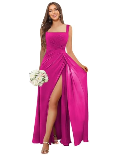 Image of HANVAIOS Square Neck Bridesmaid Dresses Long Chiffon Formal Maxi Dress with Slit
