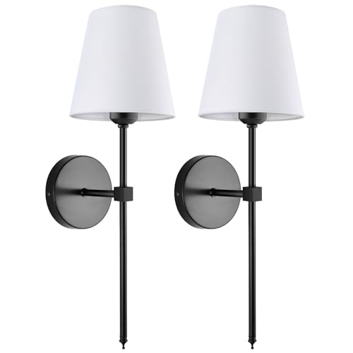 Wall Sconces Sets of 2, Retro Industrial Wall Lamps, Vanity Sconces Wall Lighting with White Fabric Shades, Wall Lights Suitable for Bathroom Bedroom Living Room Kitchen(Black)