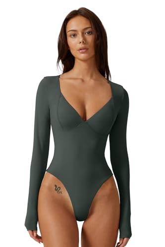Image of QINSEN Women's Long Sleeve Bodysuit V Neck Body Suits Seamed Cup Going Out Tops Shirt