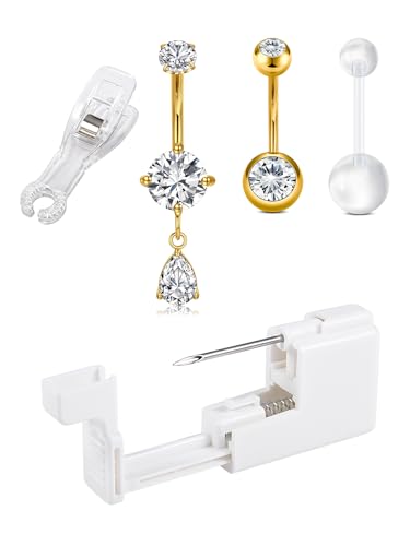 QWALIT Belly Button Piercing Kit Belly Piercing Kits Gold Belly Button Piercing Gun Self Belly Piercing Gun with Surgical Steel Dangling Belly Rings at Home