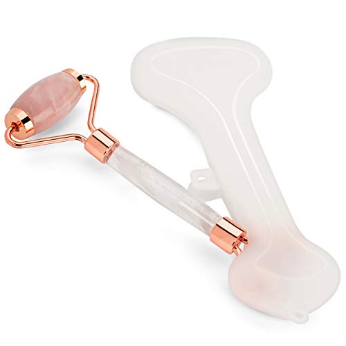 Upgraded Rose Quartz Face Roller & Gua Sha with Exclusive Accessory for Safe Cold Massage Therapy Premium Pink Jade Roller Facial Massager Skin Care Set 100% Authentic Brazilian Stone By Loyd Immanuel