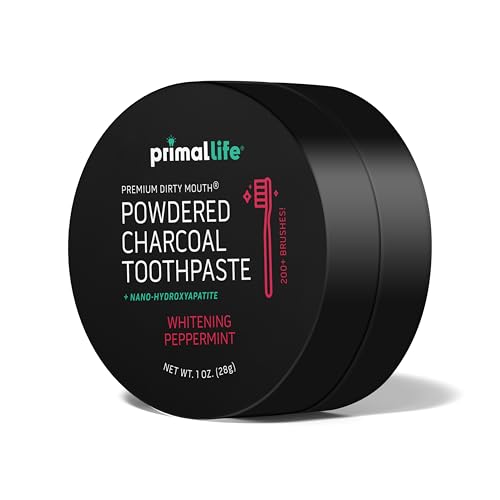 Image of Primal Life Organics - Dirty Mouth Toothpowder, Activated Charcoal Tooth Cleaning Powder, Essential Oils with Kaolin & Bentonite Clay, Good for 200+ Brushings, Organic, Vegan (Black Peppermint, 1 oz)