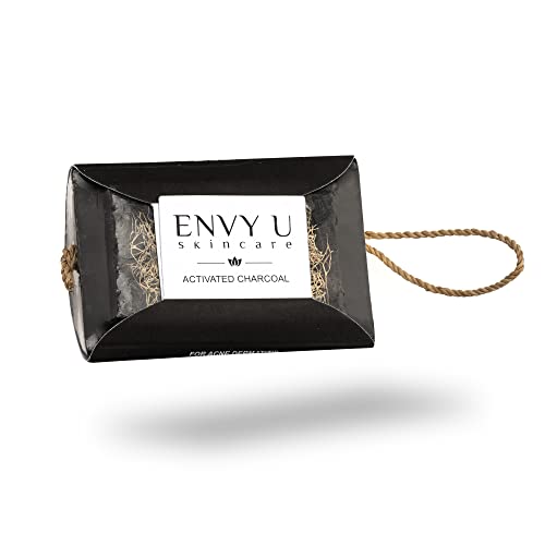 Envy U Charcoal Loofah Soap Bar - Natural Organic Soap on a Rope with Activated Charcoal, Coconut, & Lye - Helps with Relief from Eczema, Dermatitis, Acne, Rosacea, and Psoriasis - Face and Body Wash