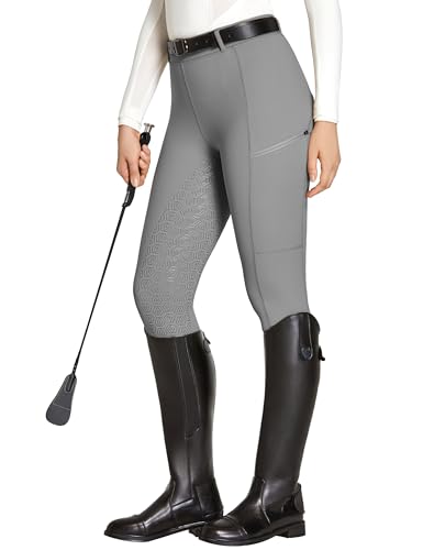 FitsT4 Sports Reitleggings Damen Reithose Mädchen Silikon vollbesatz mit Handytasche und Gürtelschlaufen für Reitsport Pferdetraining Grau L