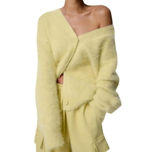 Image of Womens Fuzzy Sweaters Cardigan V-Neck Button Down Oversized Mohair Sweater Casual Y2k 2026 Fall Winter