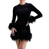 Women Winter Retro Faux Fur Trim Swing Dress,Autumn and Winter Long Sleeve Skirt with Fur Cuffs and Hem (Black,XL)