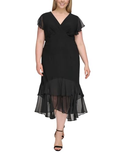 Tommy Hilfiger Women's Flutter Sleeve High Low Tiered Skirt Dress