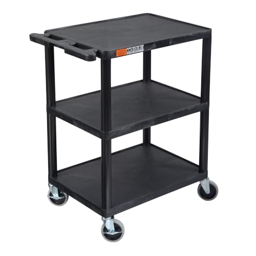 Image of Luxor Multipurpose Storage Utility Cart 3 Shelves Structural Foam Plastic - Black | HDPE Plastic Cart with 4 in Locking Casters and 12 in Shelf Clearance, Ideal Mobile Workstation for Garage or Warehouse Use