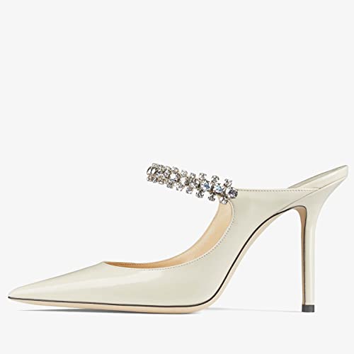 Women High Heeled Mules Crystal Embellished Strap Mules Pointed Toe Stiletto Heels Patent Leather Bridal Wedding Party Dress Shoes 5-13US2