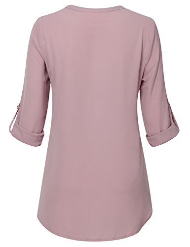 Timeson Tunic Blouses, Womens Chiffon Long Sleeve V Neck Solid Color Pleated Front Curved Hem Casual Shirt Tops Dark Pink L