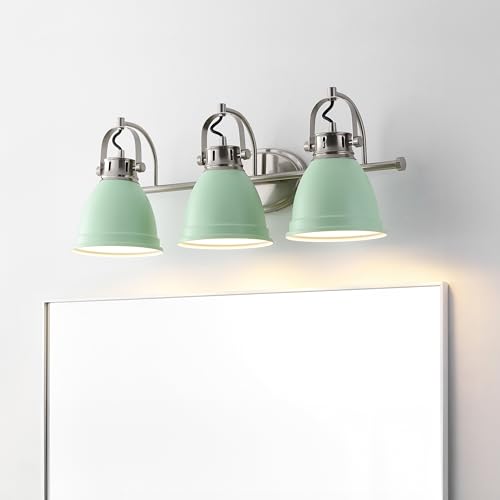 JONATHAN Y 25.5" Mint Green/Nickel 3-Light LED Vanity Light, Adjustable Wall Sconce for Bathroom Mirror, Farmhouse Bohemian Kitchen Light, Iron Black Bell Shade (JYL1116C) by JONATHAN Y - Used condition - Image 3