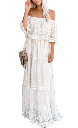 Image of Cercis Womens Off The Shoulder Floral Lace Maxi Wedding Dress Boho Flowy Wedding Guest Formal Long Dresses