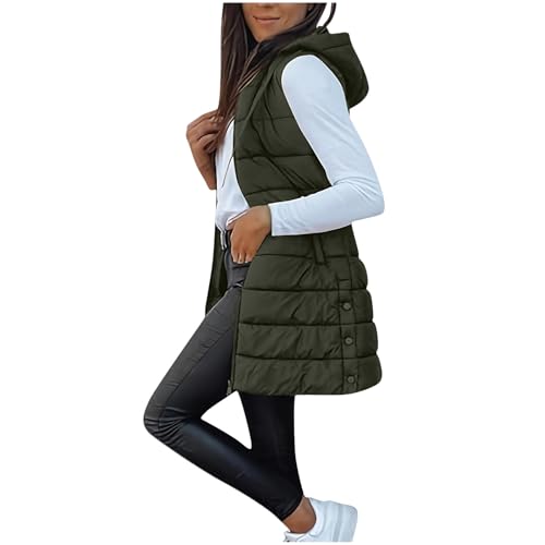 Blczomt Puffer Vest Women Winter Warm Long Quilted Sleeveless Jackets with Pockets Fall Fashion Zip Up Puffy Coat Outerwear plus size puffer vest for women Army Green M