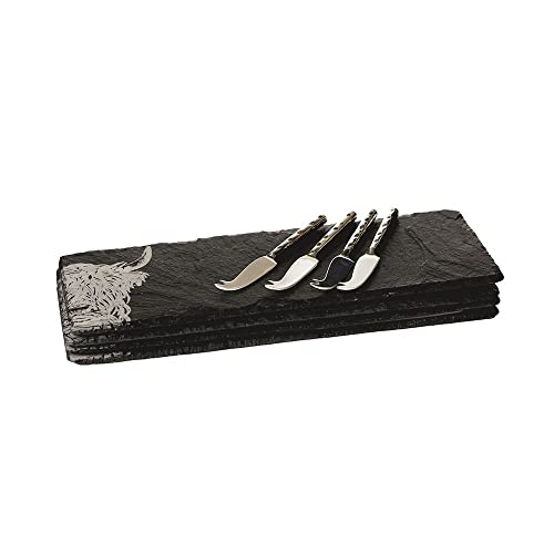 The Just Slate Company JS/MCBS/HC 4 Mini Highland Cow Cheese Board and Knife Set, Slate, Silver