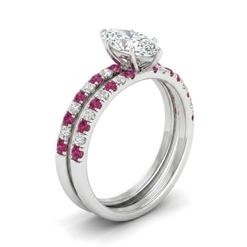 Image of Choose Your Gemstone Three Quarter Diamond CZ Gallery Bridal Ring Set 925 Sterling Silver Marquise Shape Wedding Ring Sets for WomenUS Size 4 to 12