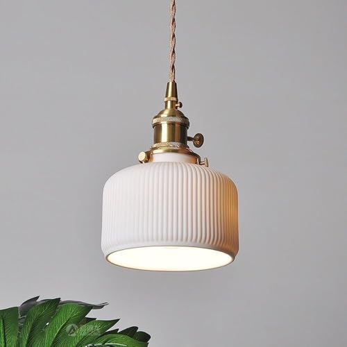 Lampe à suspension en céramique rayée cylindrique avec raccords en laiton