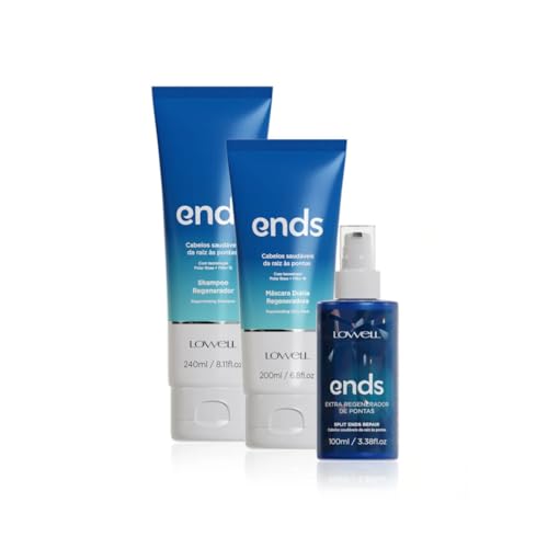 Lowell Ends – Kit Reparación de Puntas (Champú 240 ml + Máscara 240 ml + Extra Regenerador 100 ml) – Revitalización, Antifrizz y Protección Térmica