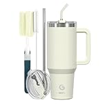 BIGRD Insulated Coffee Cup Travel Mug with Handle and Straw 40oz,Stainless Steel Double Wall Vacuum Leak Proof Water Bottle for Cold Hot 1.2L,BPA-Free,Beige