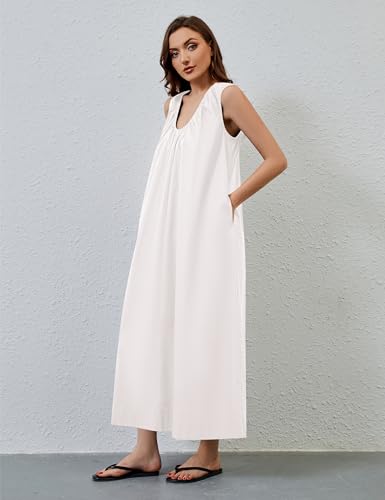 Image of OLAPTA Women Summer Sleeveless Maxi Dress Scoop Neck Ruched Loose Fit Casual Elegant Solid Vacation Long Dress with Pockets