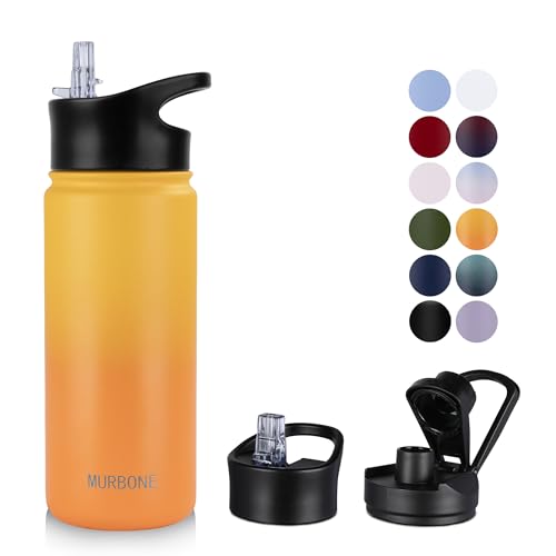 MURBONE Insulated Water Bottle, 500ml Stainless Steel Drink Flask with Straw, BPA Free, 2 Lids (Straw Lid and Spout Lid), Leakproof Double Walled Vacuum Water Bottle, Orange Gradient