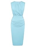 GRACE KARIN Formal Midi Dresses for Women Summer Ruched Front Drape Sleeveless Ruched Pencil Dress Crew Neck Cocktail Dress Light Blue L