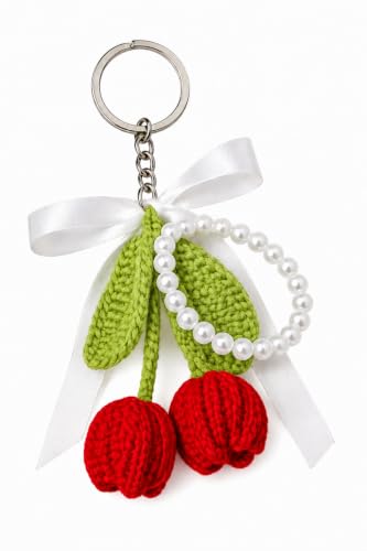 Image of Handmade Crochet Tulip Keychain with Pearl String - Cute Floral Bag Charm & Aesthetic Purse Pendant, Knitted Flower Keyring Accessory Gift for Girls & Women