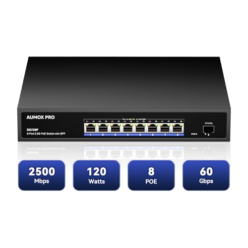 9 Port 2.5G PoE Switch,AUMOX PRO 8 Port 2.5G Network Unmanaged Switch with 1x10G SFP Gigabit Ethernet Unmanaged PoE Switch 120W,Compatible with 100/1000/2500Mbps for AP, NAS, PC Plug and Play