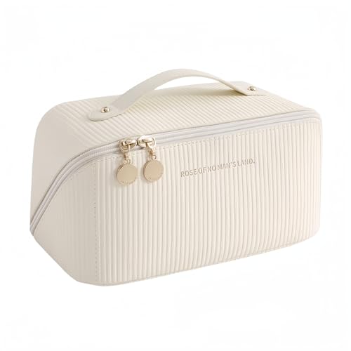 HMBMO Travel Makeup Bag cosmetic bag Portable Makeup storage Bag toiletry Bag essentials Large capacity double zipper design stripe cosmetics case
