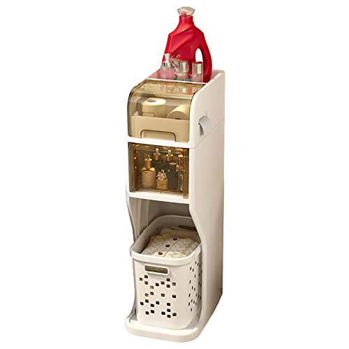 Mueble de baño Delgado de 4 Niveles con Cesta de Almacenamiento para Ropa Sucia y cajones Transparentes. Mueble móvil Alto y angosto con Ruedas para Ahorrar Espacio.