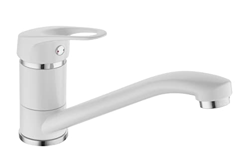 sanicomfort Küchenarmatur ATHEN weiß – Spültischarmatur mit Einhebelmischer, 360° schwenkbar – Wasserhahn Küche aus Messing – Hochdruck Armatur für Spüle, modern & langlebig
