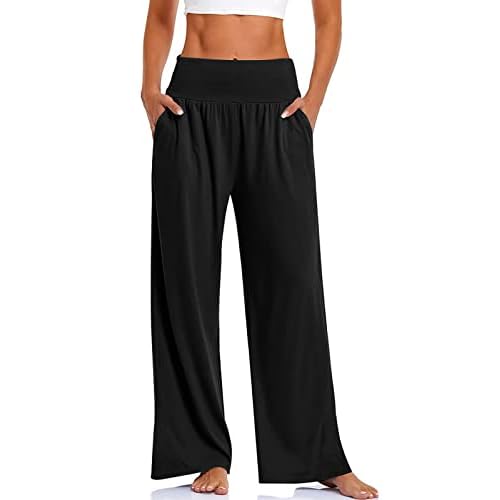 Womens Wide Leg Pants Loose Yoga Sweatpants Comfy Lounge Pajama Casual Flowy Palazzo Pants with Pockets Small Black