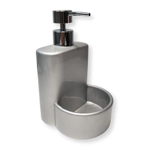 KOOK TIME Afwasmiddeldispenser van mat keramiek, zeepdispenser keuken met opbergruimte voor wasgoed of spons, 10 x 11,5 x 18 cm. Compacte en elegante spoelbakorganizer (grijs zilver) - Image 4