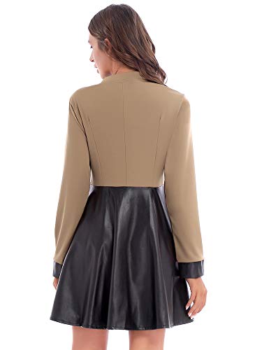iiniim Women's Ladies Faux Leather Patchwork Long Sleeve Party Swing Work Midi Dress with Pockets3