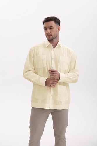 MAXJON Men's Guayabera Shirts for Men Long Sleeve Cuban Snap Button Shirts Mexican Guayabera Shirts with Four Pockets4