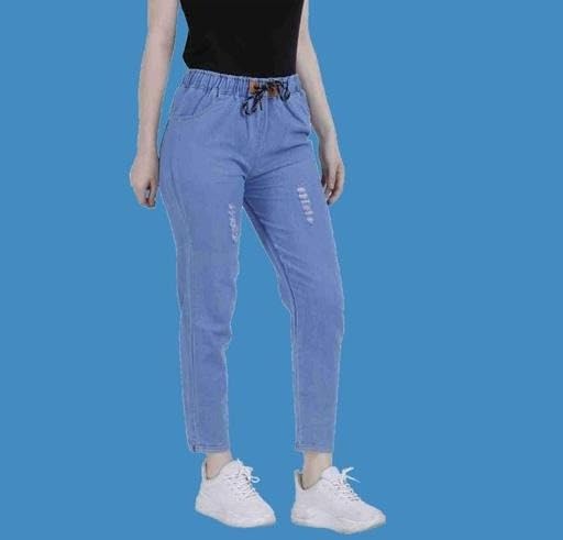 Image of Stylish Denim Mid Rise Stretchable Jogger Jeans for Women and Girls Casual Comfortable Elastic Fit Daily Use Blue 24