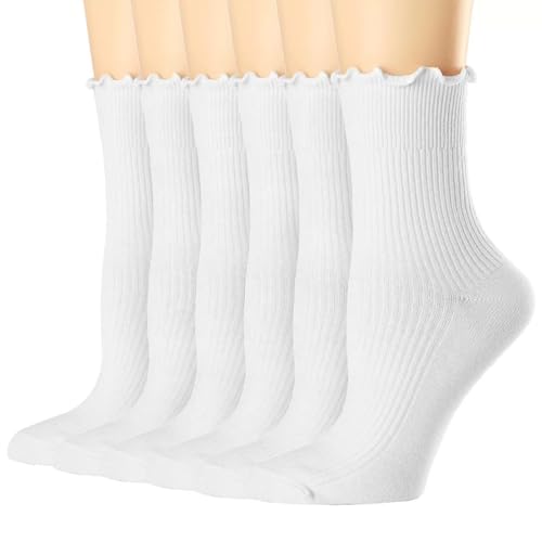 6 Pairs Women's Scalloped Cotton Socks Frilly and Ruffle Socks Breathable Soft Crew Socks
