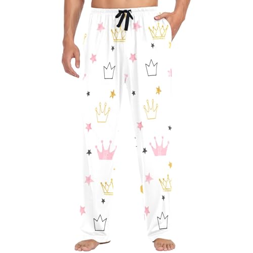 Men's Pajama Bottoms Little Princess Pink Crowns Mens Pajama Pants Red Gold Stars Cotton Pj Bottoms Sleepwear Pants L