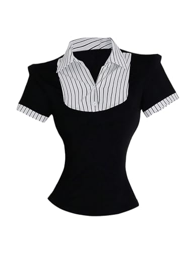 MakeMeChic Women's Fall Striped Blouse Short Sleeve 2 in 1 Collared Shirt Work Tops Teacher Outfits