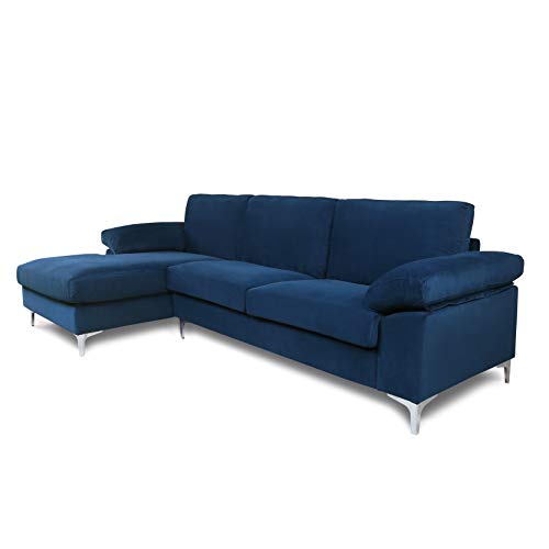 Blue Sectional Sofa W/Lounger Chaise,JULYFOX Overstuffed Left Hand 3 Seater Velvet Fabric Couch L-Shaped Extra Wide Pillow Armrest 42.5 in Longer Lounger Chaise for Small Spaces - Thumbnail 6