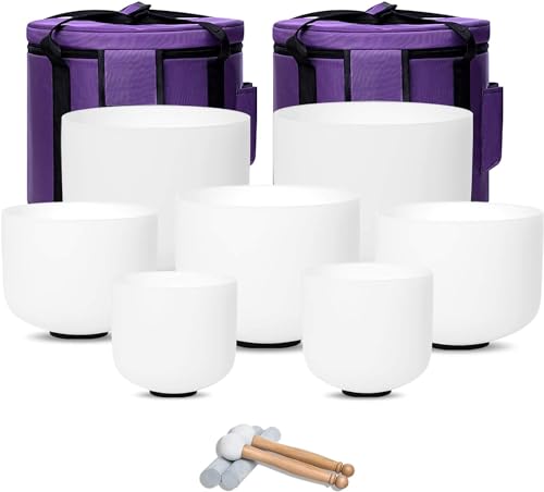 440 hz 6-12 Inch Set of 7 Frosted Quartz Crystal Singing Bowl Chakra Set with Heavy Duty Carrying Cases