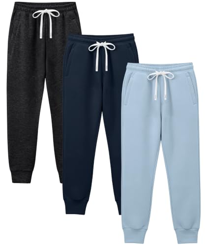 Image of Holure 3 Pack Boys Cotton Tracksuit Bottoms Youth Kids Jogging Pants with Zipper Pockets Adjustable Waist Soft Baggy Sweatpants Sports School Charcoal Black/Navy Blue/Light Blue 3P04-L