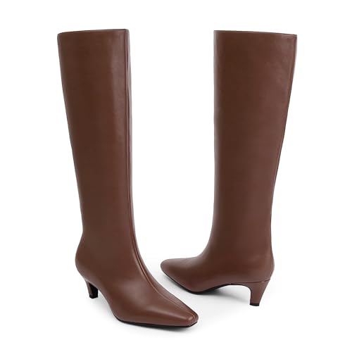 Image of Knee High Boots Women Square Toe Kitten Heel Tall Boots | Womens Low Heel Fashion Heeled Fall Boots, Dressy Tall Long Boots For Women