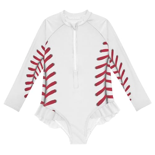 QUGRL Long Sleeve One Piece Ruffle Swimsuit for Girls Size 5-6 Baseball Girl Rashguard Shirt Sport Theme Bathing Suit with UPF 50+ Sun Protection