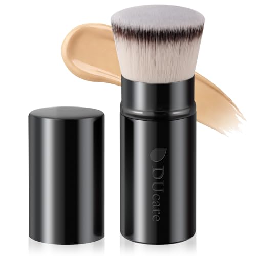 DUcare Retractable Kabuki Foundation Brush, Aluminum Handle Self Tanner Brush for Face, Flat Top Brush for Liquid Cream Powder Makeup, Travel Portable