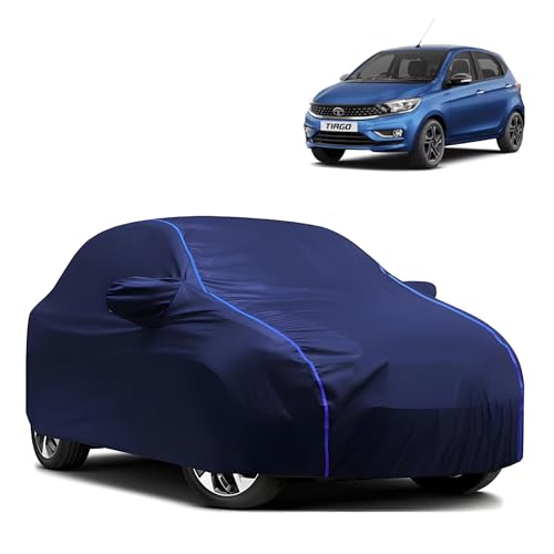 Image of Kerwa Car Body Cover Waterproof with TATA Tiago, Dust & UV Resistant All-Weather Proof Full Body Cover, Blue with Blue Lining, Triple Stitch Elasticated Bottom with Mirror Pocket