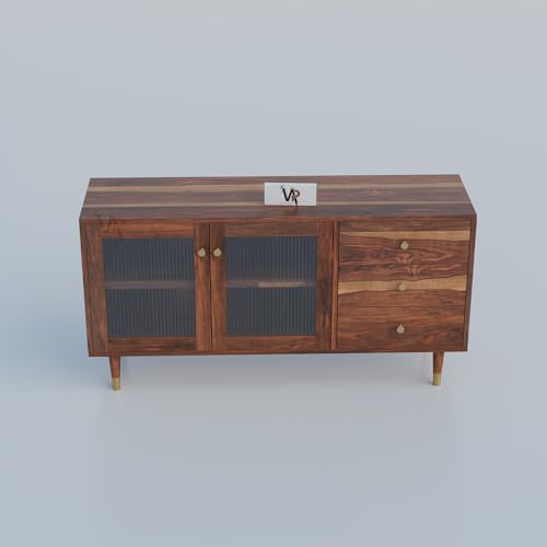 Image of VAP Solid Sheesham Wood Sideboard Cabinet with Tile Design Doors & 3 Drawers | Wooden Crockery & Buffet Storage Cabinet for Living Room & Dining Room | Modern Crockery Cabinet | Honey Finish