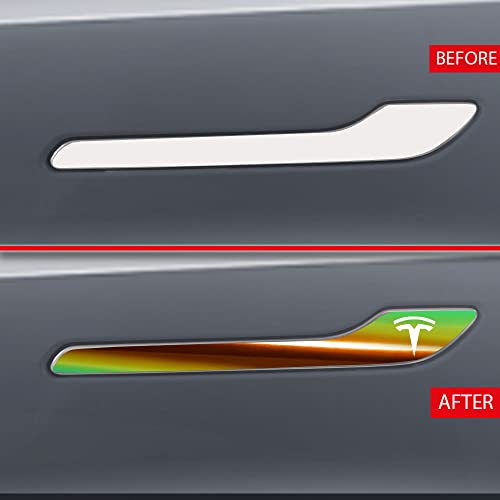 Image of IPG Compatible for Model 3 / Model Y /Juniper Door Handle Decal Sticker Wrap Kit (Set of 4) with Tesla Logo Personalize Your Tesla (Mirror Green Gold)